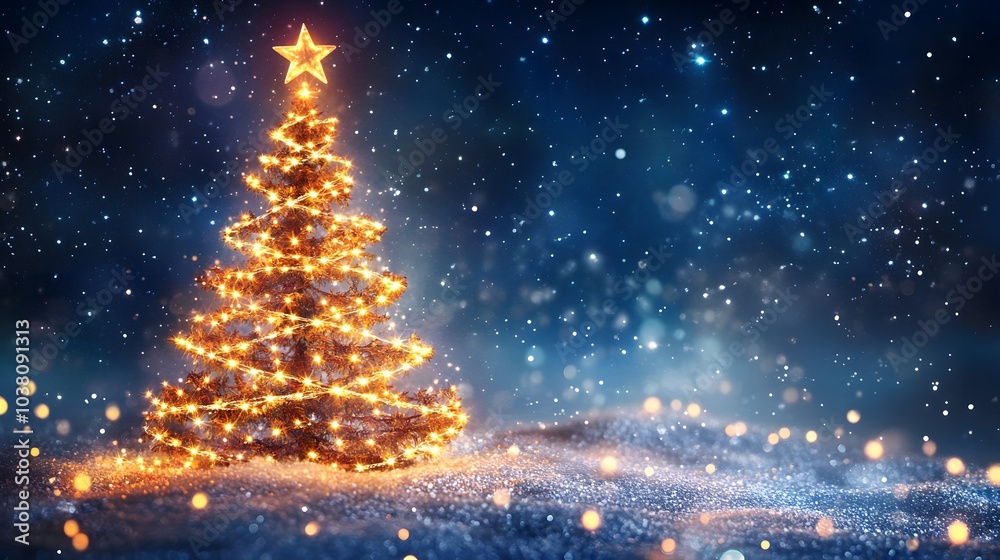 A Christmas Tree with Sparkling Lights in a Snowy Night Setting A Christmas Tree with Sparkling Lights in a Snowy Night Setting