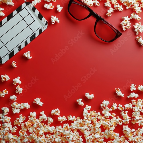 A vibrant flat lay of popcorn, 3D glasses, and a clapperboard on a red backgr...