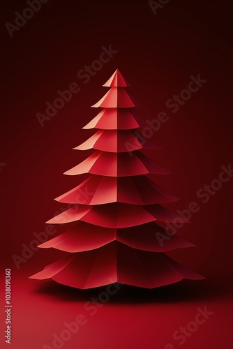 Red paper Christmas tree art displayed on a vibrant red background during the...