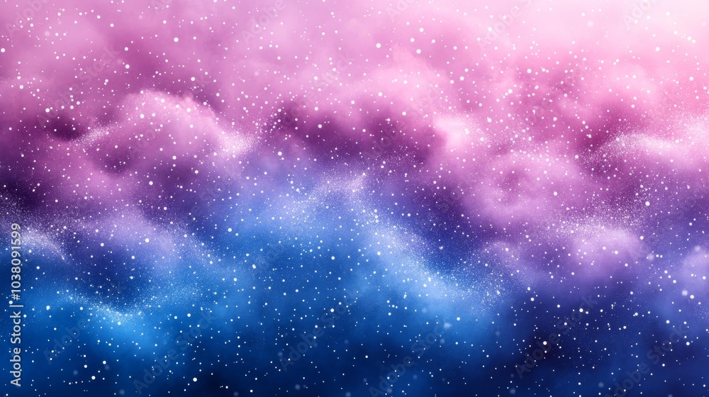 Obraz premium Watercolor gradient of pink and purple clouds with white snowflakes gently falling creating a dreamy and magical winter background for seasonal and festive designs. Generative AI