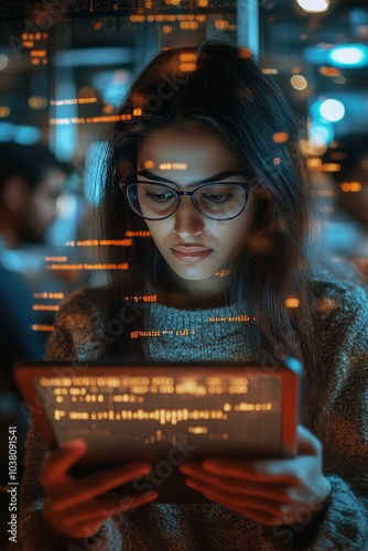 Young woman analyzing data on a digital screen in a busy urban environment at...