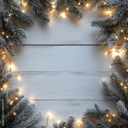 Winter holiday decoration with snow covered pine branches and warm lights on ...