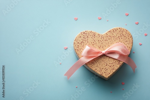 Heart shaped gift box with pink ribbon on a light blue background adorned wit...