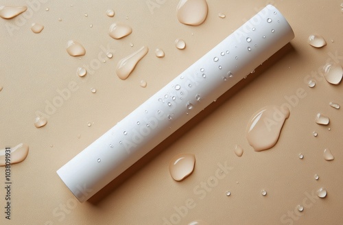 A white chalk stick resting on a smooth surface with droplets of water scatte...