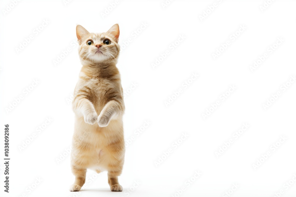 Curious ginger cat standing on hind legs, captured in minimalistic portrait against white background isolated Curious ginger cat standing on hind legs, captured in minimalistic portrait against white background isolated