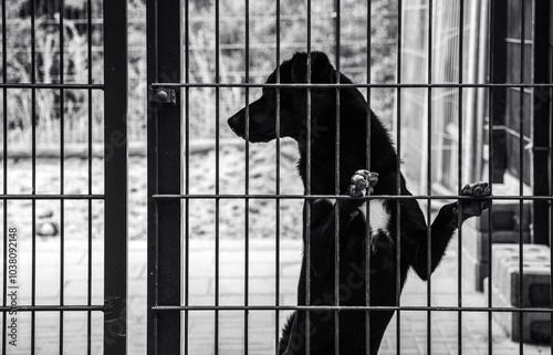 Hund im Tierheim hinter gittern, trauriger Blick, Schwarzweiß