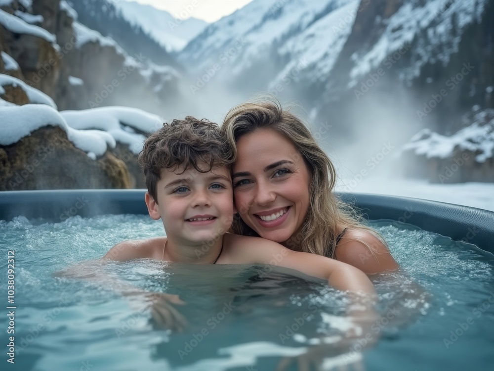 Smiling mother and son enjoying a hot tub in an outdoor snowy setting surrounded by mountains and steam rising in the cold air Smiling mother and son enjoying a hot tub in an outdoor snowy setting surrounded by mountains and steam rising in the cold air