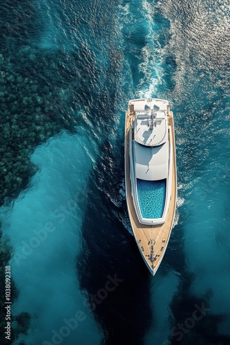 Luxury boat cruising over shimmering blue waters at sunset near a coastal area