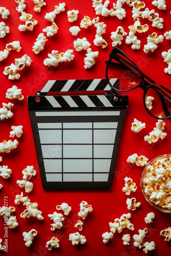 Movie night setup with popcorn and a clapperboard on a vibrant red surface