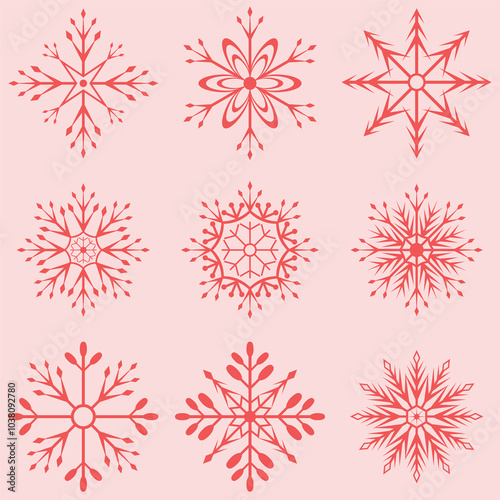 Snowflake icon collection isolated on red pink color. Christmas ornament set for decoration. Snowflake flat symbol for Christmas seasoning.