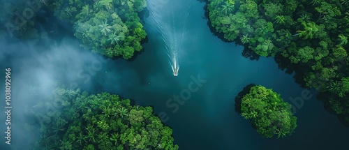 Aerial View of a Boat in a Lush Rainforest Lagoon