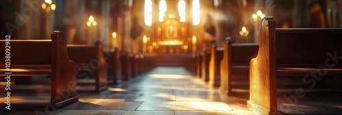 Interior of a quiet church with wooden pews leading to an altar in soft natur...