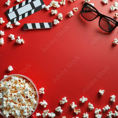 A vibrant flat lay of popcorn, 3D glasses, and a clapperboard on a red backgr...