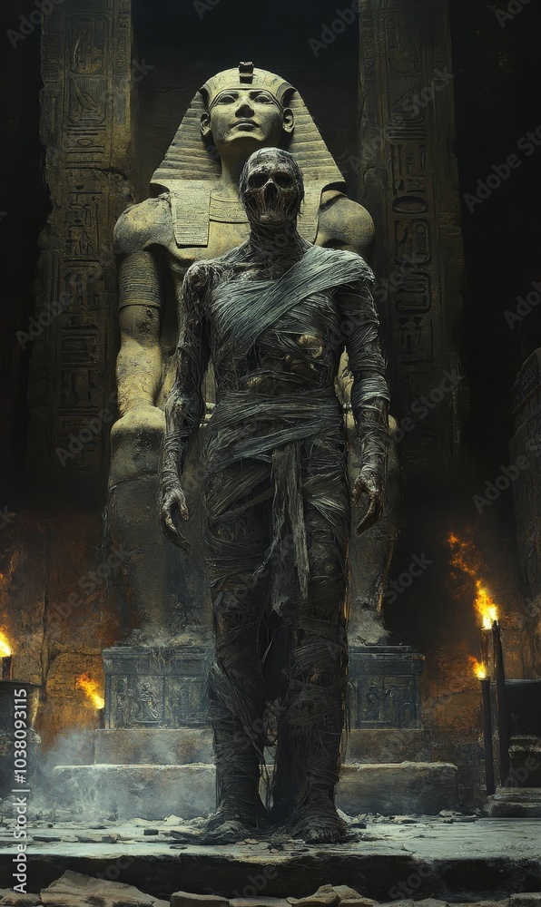 Mummy stands before Pharaoh in ancient temple. Mummy stands before Pharaoh in ancient temple.