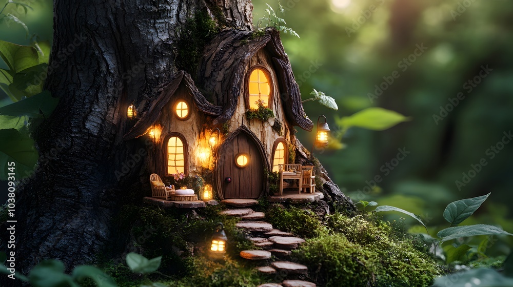 Enchanting Miniature Fairy House Nestled in a Mossy Tree Trunk Enchanting Miniature Fairy House Nestled in a Mossy Tree Trunk
