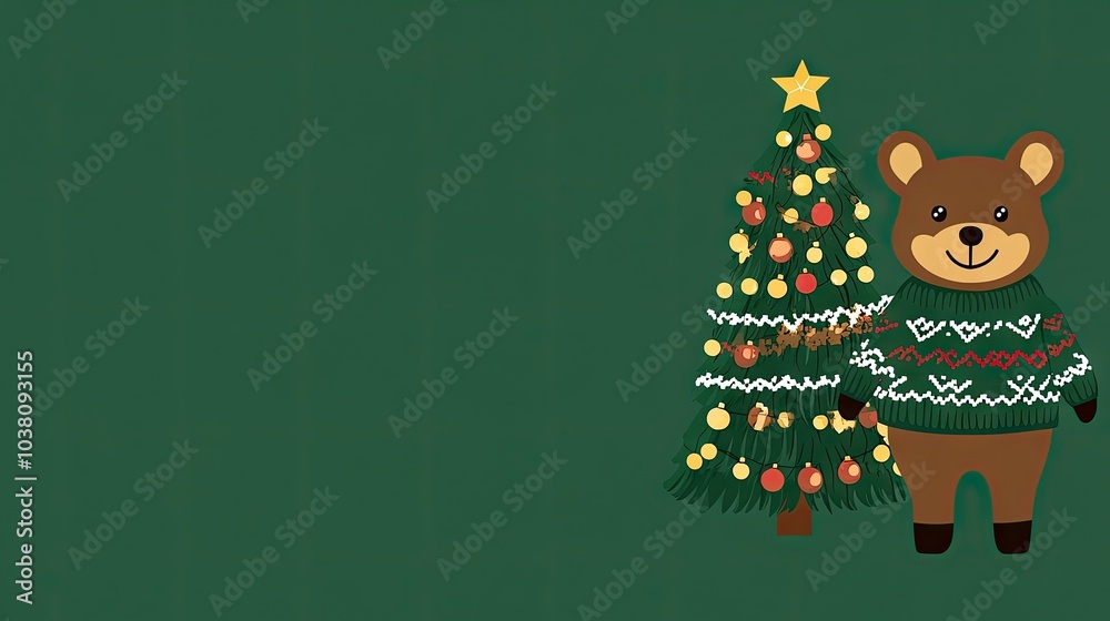 Fototapeta premium Cartoon animals in cozy sweaters stand beside a Christmas tree glowing with lights, with room to add text for holiday wishes.