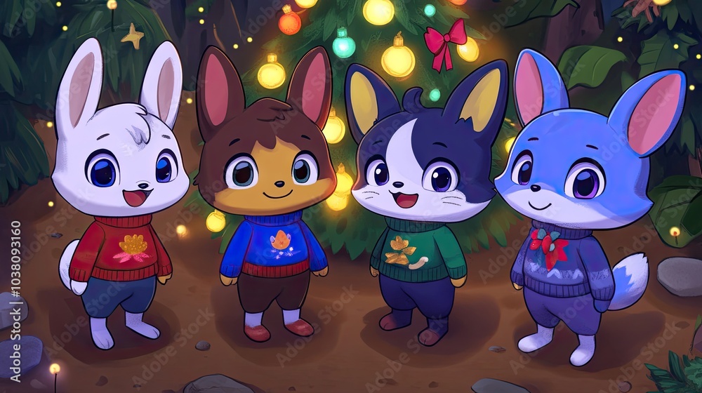 Naklejka premium Cartoon animals in cozy sweaters stand beside a Christmas tree glowing with lights, with room to add text for holiday wishes.