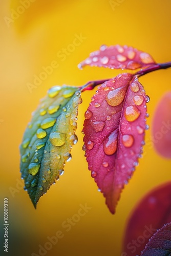 Delicate leaves with water droplets showcasing vibrant colors in nature durin...
