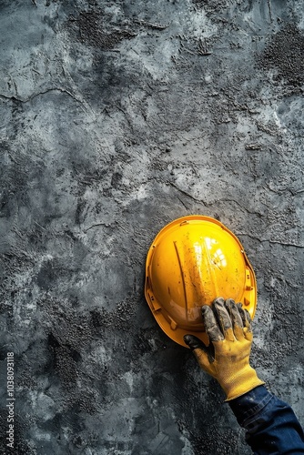 Construction worker placing yellow hard hat on textured gray wall in building...