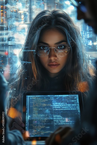 Young woman analyzing data on a digital screen in a busy urban environment at...
