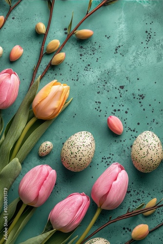 Colorful tulips and branches arranged on a textured teal background in a sere...