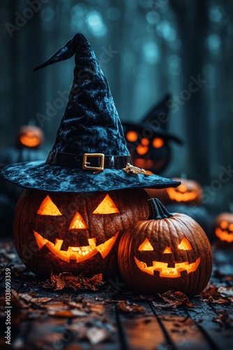 Spooky Halloween pumpkins with glowing faces and witch hats in a dark forest ...