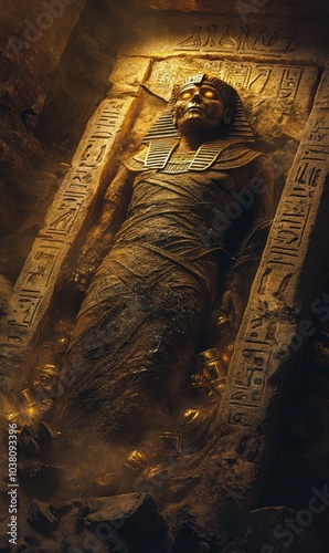 Ancient Egyptian tomb with golden mummy. photo