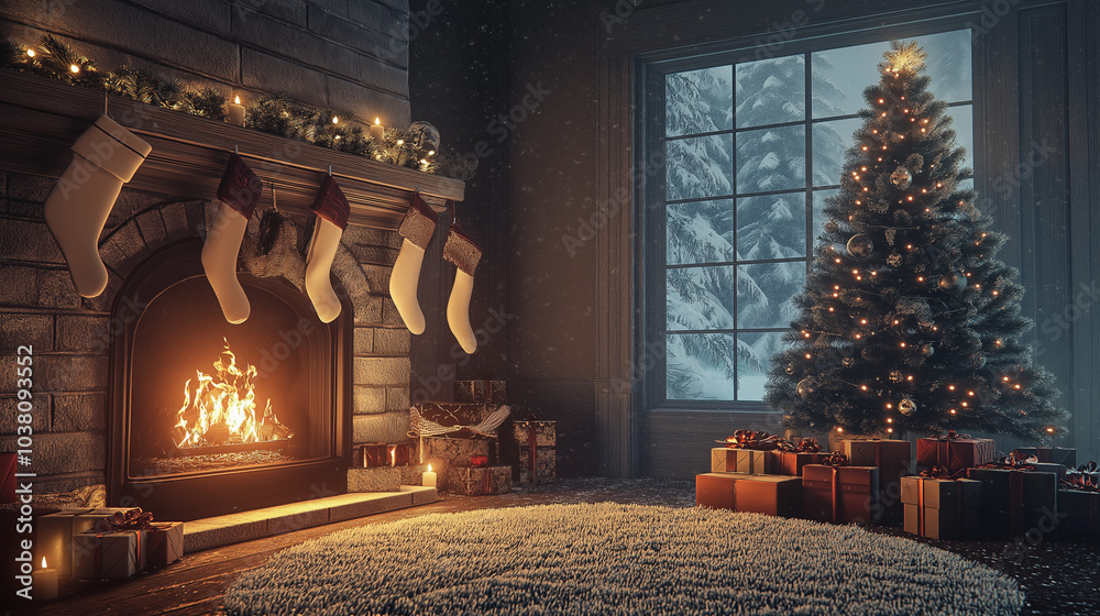 Obraz premium A cozy 3D-rendered Christmas living room scene with a glowing fireplace