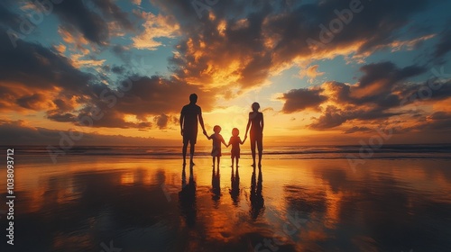 Family enjoying a sunset walk along the beach with reflections on the water in the evening photo