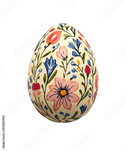 A beautifully decorated Easter egg with a floral design in shades of pink, blue, and green. On a transparent png or white background, isolated photo