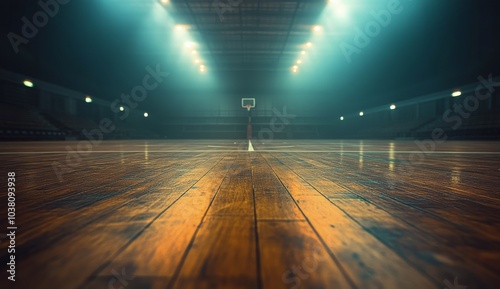 Explore the quiet ambiance of a dimly lit basketball court during late evenin...