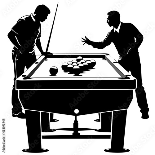 intense Pool Game: Silhouettes of two men engaged in a heated game of pool, showcasing the drama and focus of competition. A stark black and white image emphasizing the intensity of the moment. 