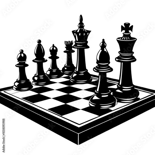 Chessboard Strategy: Black and White Chess Pieces in a Classic Game Setup 