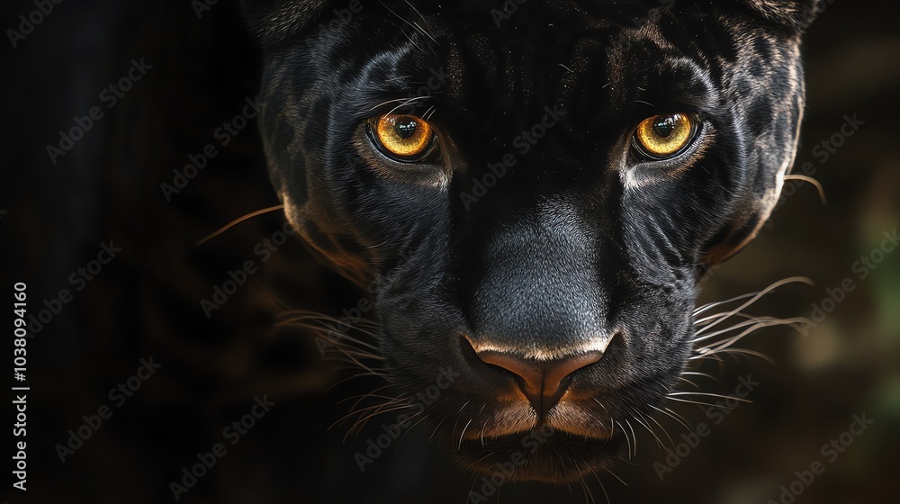 A black panther with bright, green eyes is looking directly at the camera. A black panther with bright, green eyes is looking directly at the camera.