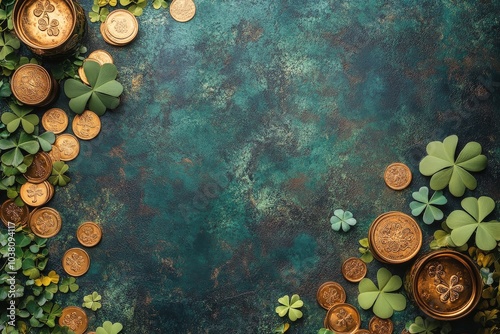 Green background with coins and flowers creating a festive St Patricks Day at...