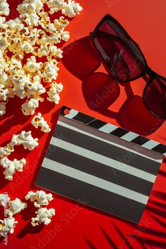 Movie night setup with popcorn and a clapperboard on a vibrant red surface