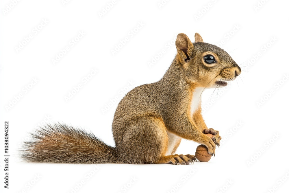 Squirrel profile portrait focused on gnawing a nut in minimalistic white background setting isolated Squirrel profile portrait focused on gnawing a nut in minimalistic white background setting isolated