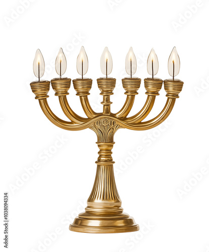 A golden menorah with seven lit candles. Hanukkah jewish tradition. On a transparent png or white background, isolated photo