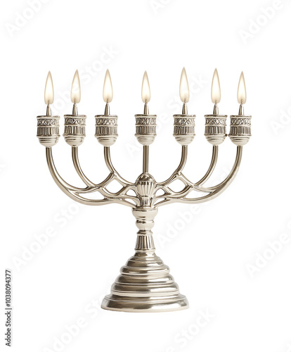 A silver menorah with seven lit candles. Hanukkah jewish tradition. On a transparent png or white background, isolated photo