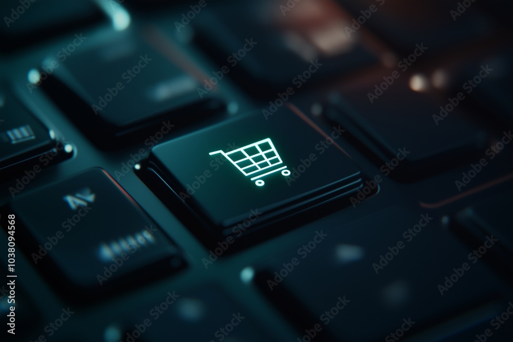computer keyboard with a key featuring a shopping cart icon. symbolizing the concept of online retail and e-commerce, seasonal sale banner, black friday concept, shopping and consumerism computer keyboard with a key featuring a shopping cart icon. symbolizing the concept of online retail and e-commerce, seasonal sale banner, black friday concept, shopping and consumerism