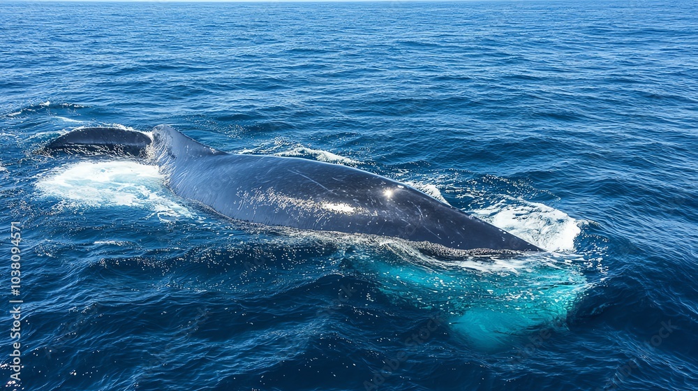A large whale swimming in the ocean. A large whale swimming in the ocean.