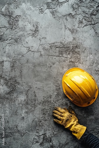 Construction worker placing yellow hard hat on textured gray wall in building...