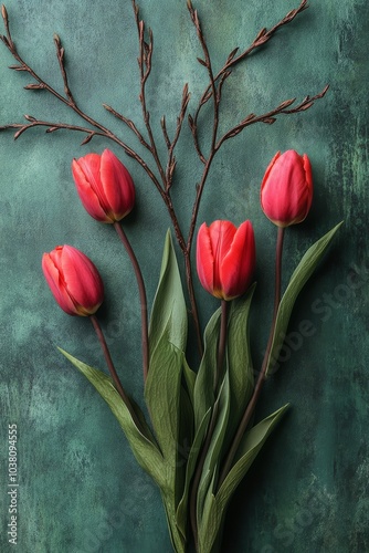 Colorful tulips and branches arranged on a textured teal background in a sere...