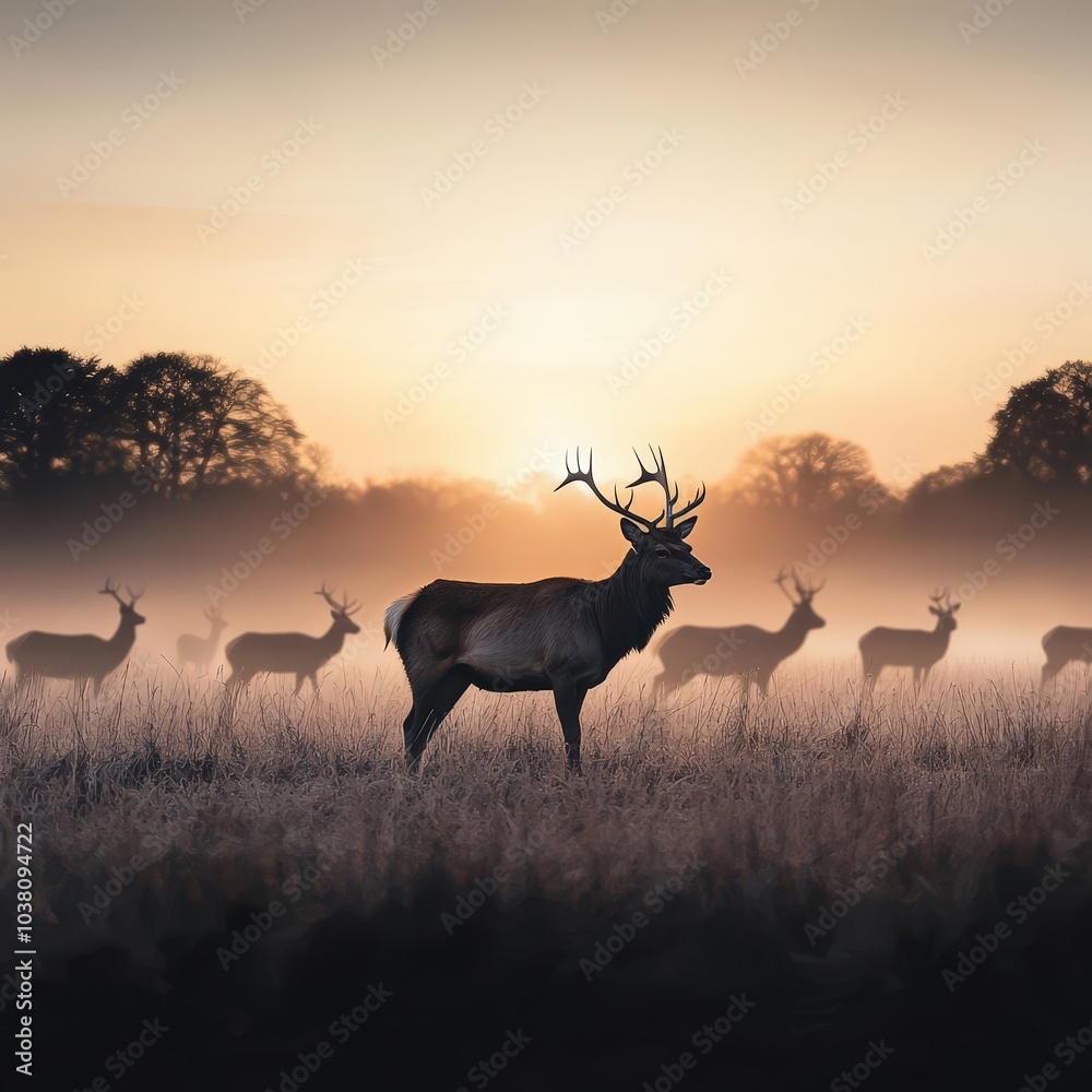 Obraz premium Majestic Stag with Silhouetted Deer at Sunrise