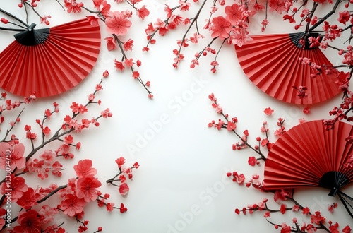 Delicate red fans and cherry blossoms arranged artistically on a light backgr...