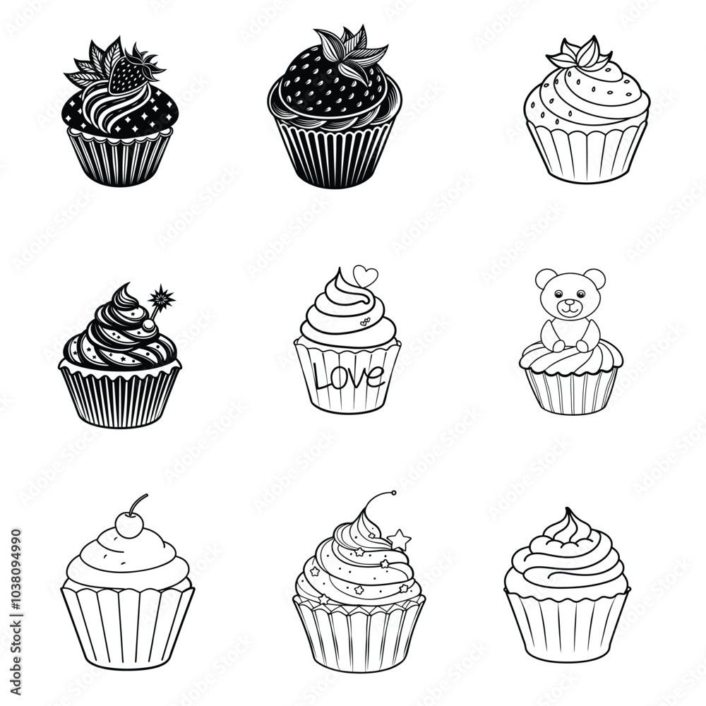 Collection of Cupcakes Outline Design - Fairy cake Vector illustration Collection of Cupcakes Outline Design - Fairy cake Vector illustration