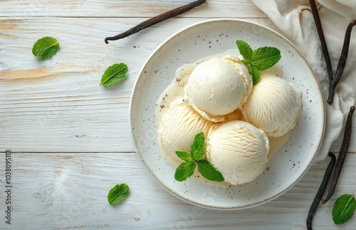 Creamy vanilla ice cream scoops with mint leaves and vanilla pods on a white ...