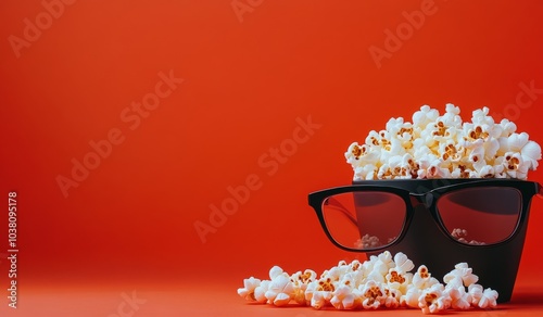 Popcorn spilling from a bowl with sunglasses against a vibrant orange background