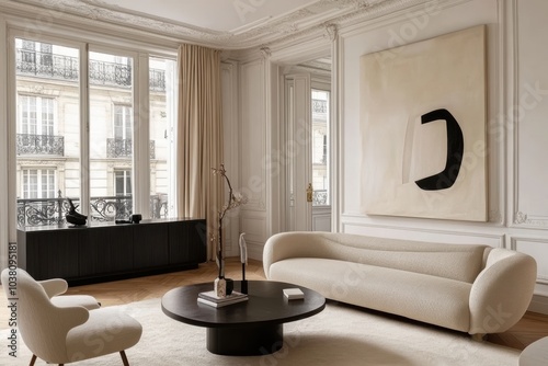 Luxurious living room apartment with white walls, large windows, and modern furniture.