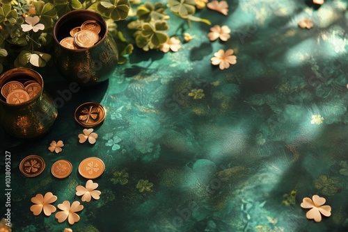 Green background with coins and flowers creating a festive St Patricks Day atmosphere